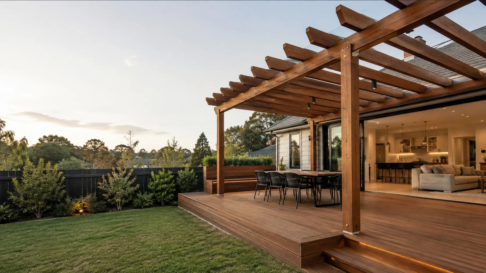 Completed pergola and outdoor living area adjoining a Melbourne home