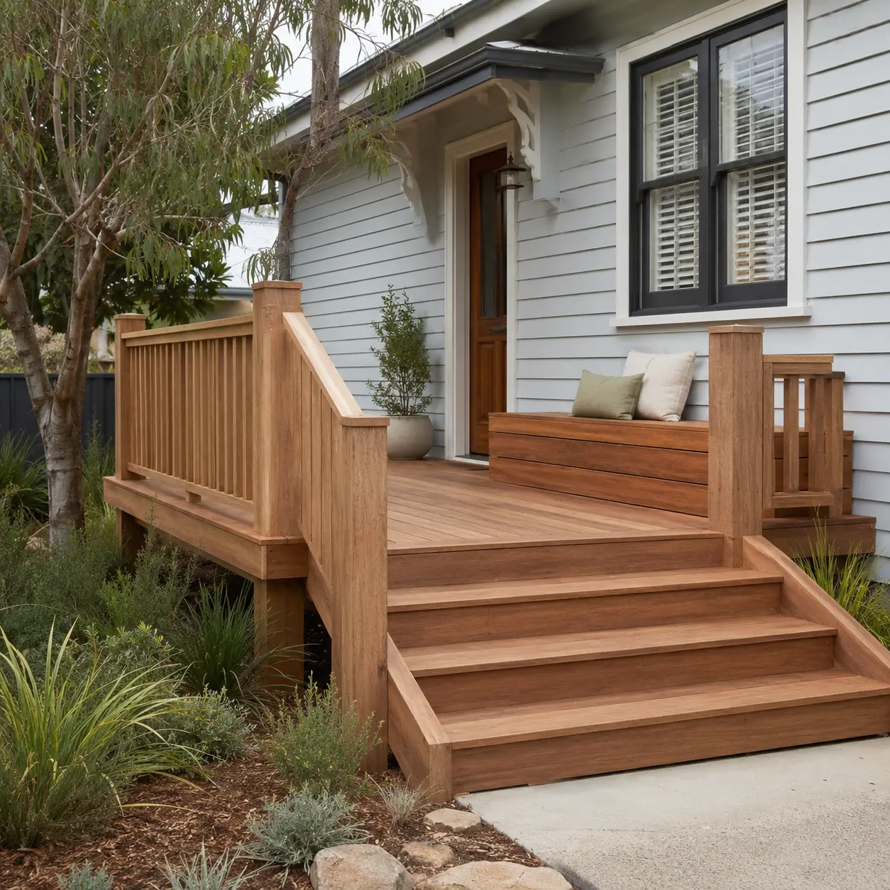 Completed timber deck beside a renovated home