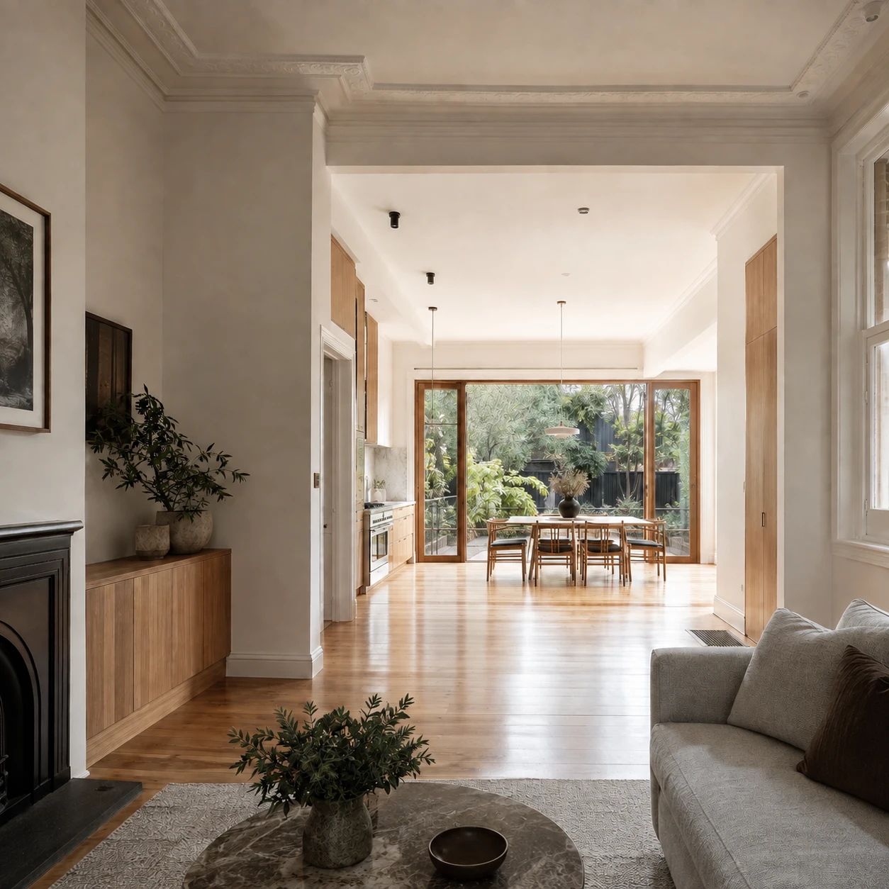 Renovated residential interior with completed finishes