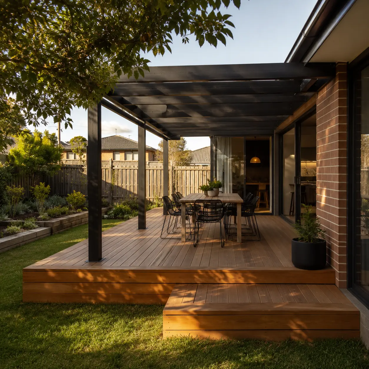 Timber deck extending into a backyard