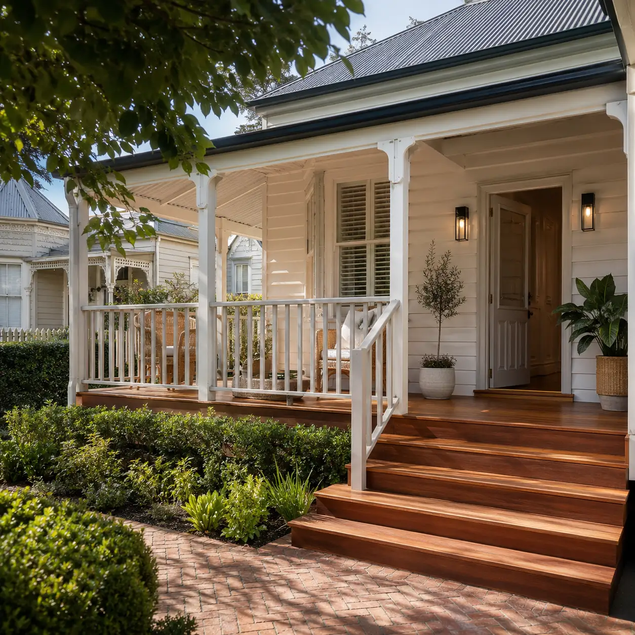 Covered outdoor area adjoining a renovated home