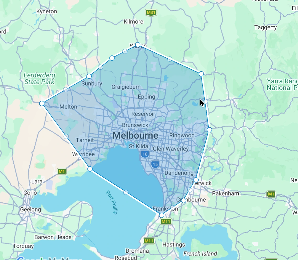 Expanded map showing the Level A Builders Greater Melbourne service area