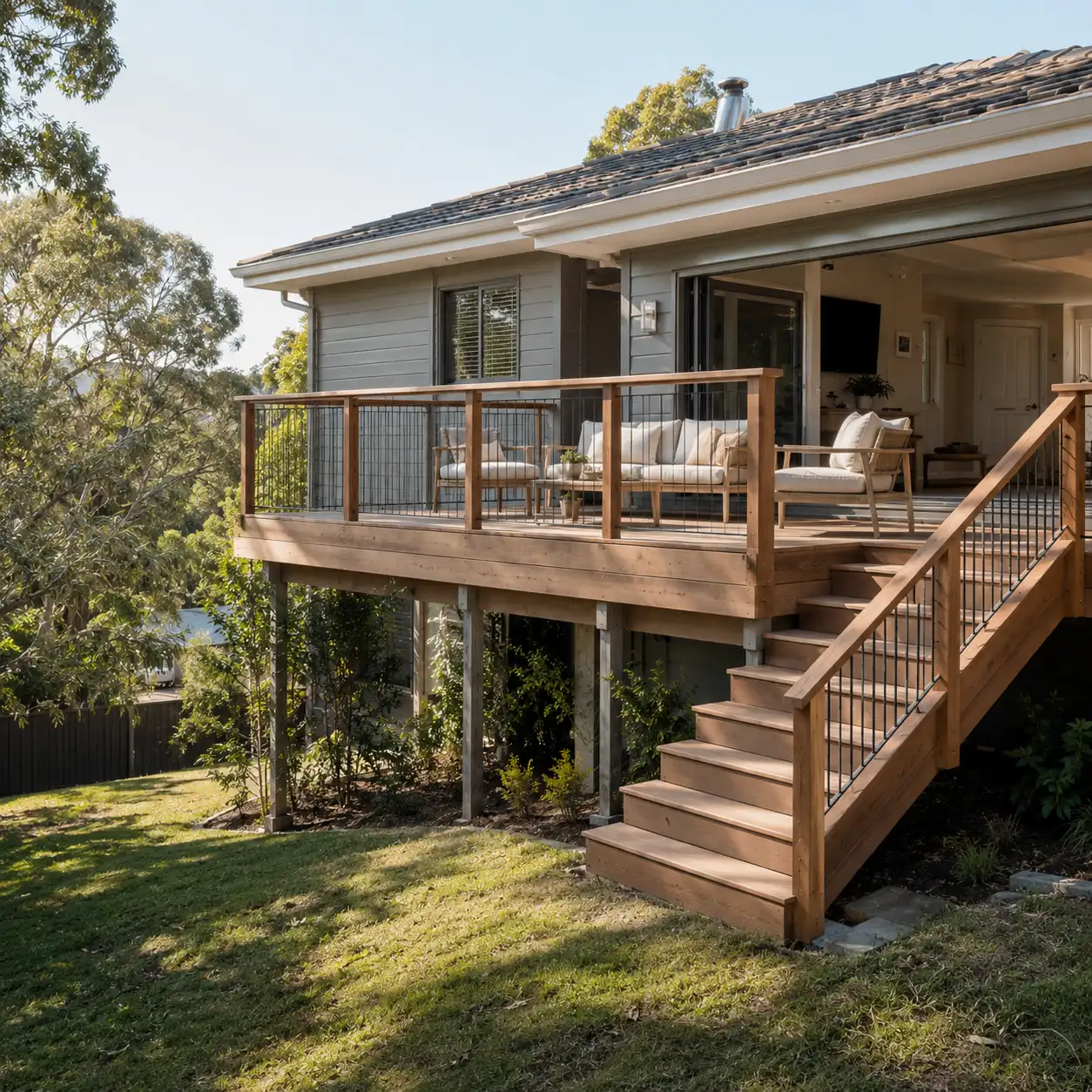 Elevated timber deck structure at a renovated home